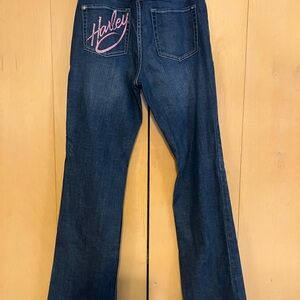 Harley-Davidson Dark Blue Flare Jeans with Pink Embroidery